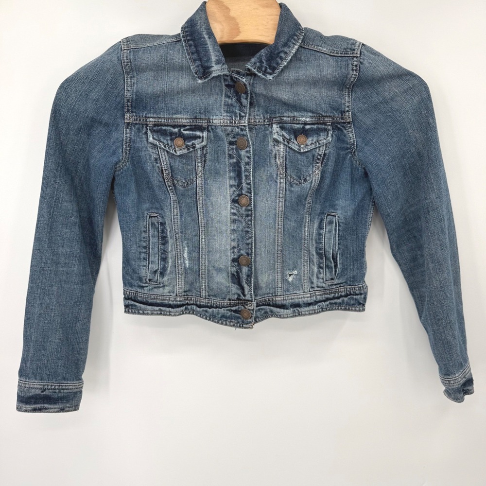 American Eagle Denim Jacket Womens Large Blue Distressed Cropped Trucker Medium